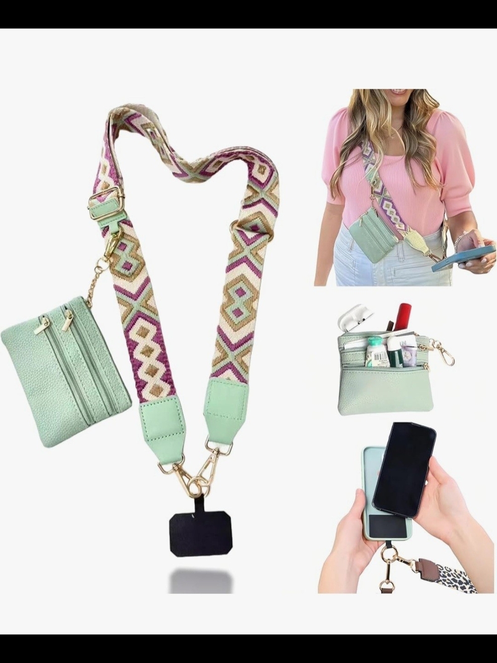 Mint Green Crossbody Card & Key Holder with Patterned Strap